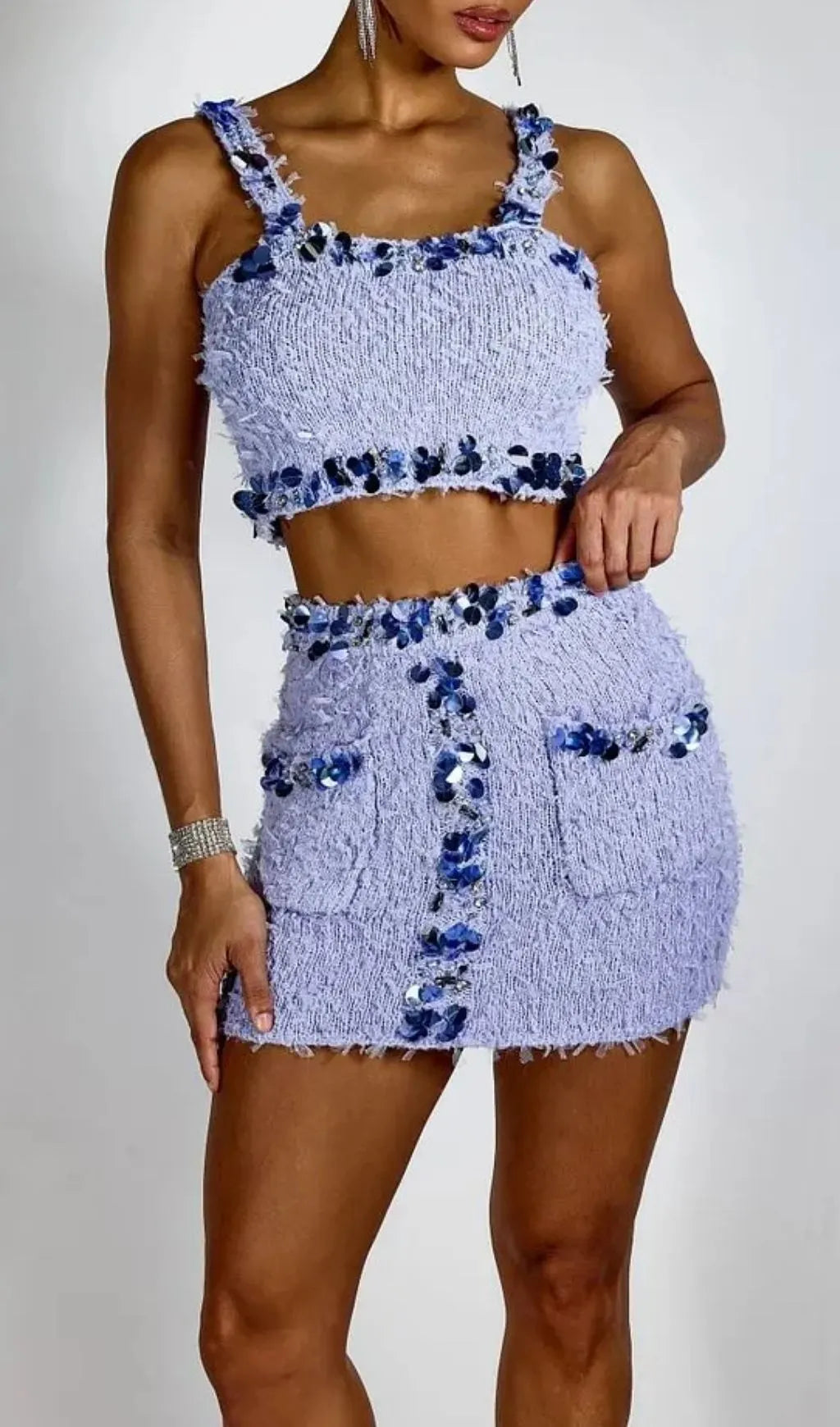 Dolores Purple Sequin Embellished Crop Top & Mini Skirt Set Flowering Girl