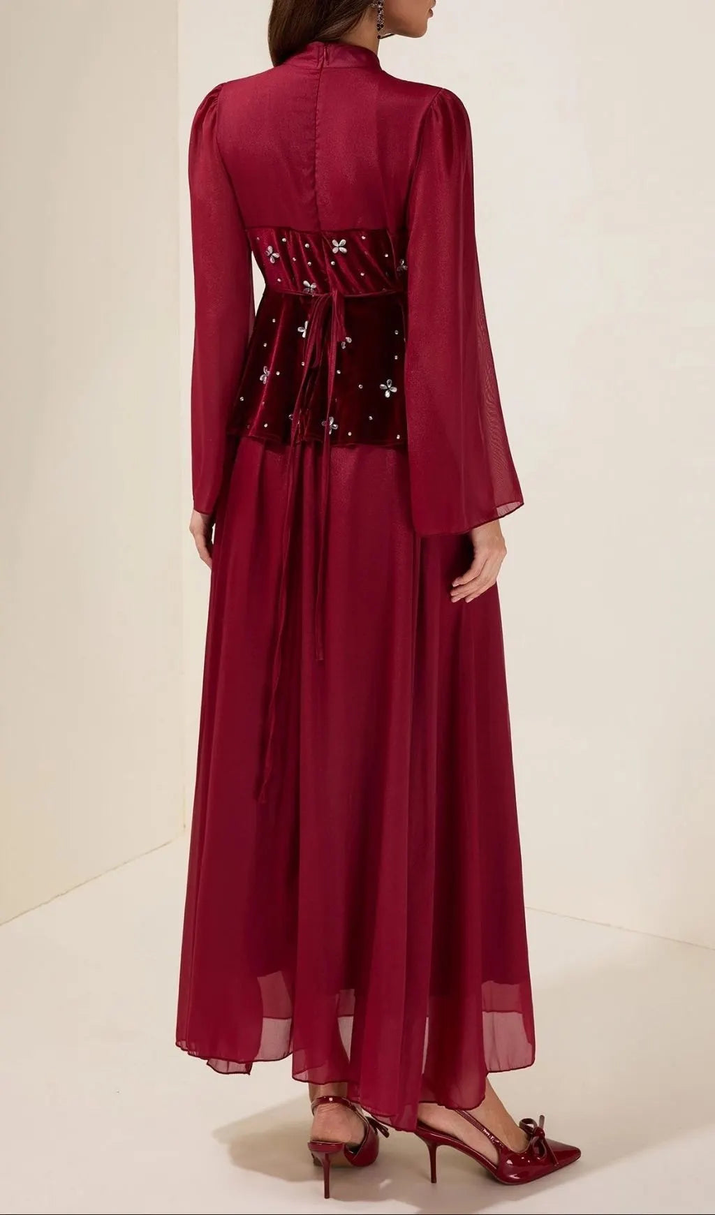 Caroline Rhinestone Velvet Splicing Maxi Dress - Burgundy Flowering Girl