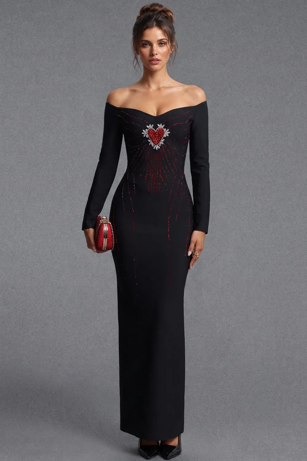 Black Heavy Stretch Crepe Column Gown with Rhinestone Heart Embellishment Flowering Girl