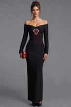 Black Heavy Stretch Crepe Column Gown with Rhinestone Heart Embellishment Flowering Girl