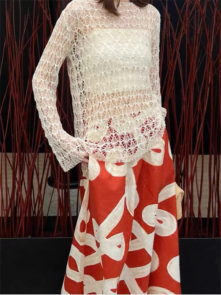 Red A-Line Hand-Painted Printed Skirt Flowering Girl