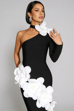 Gemma One Shoulder 3D Flower Bandage Maxi Dress In Black Flowering Girl