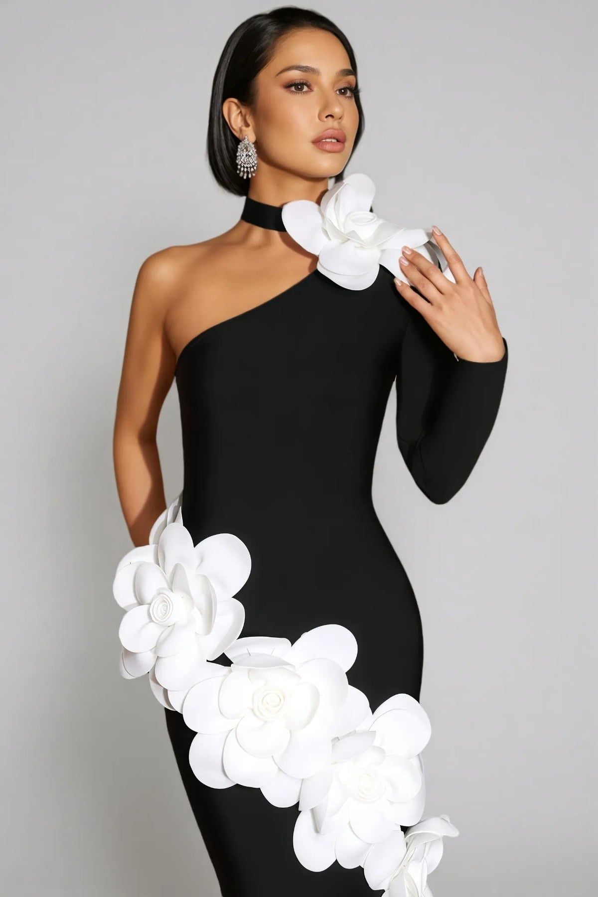 Gemma One Shoulder 3D Flower Bandage Maxi Dress In Black Flowering Girl
