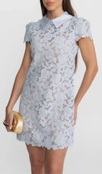 Sylvia Light Blue Floral Lace Hollow Mini Dress With Satin Collar Flowering Girl
