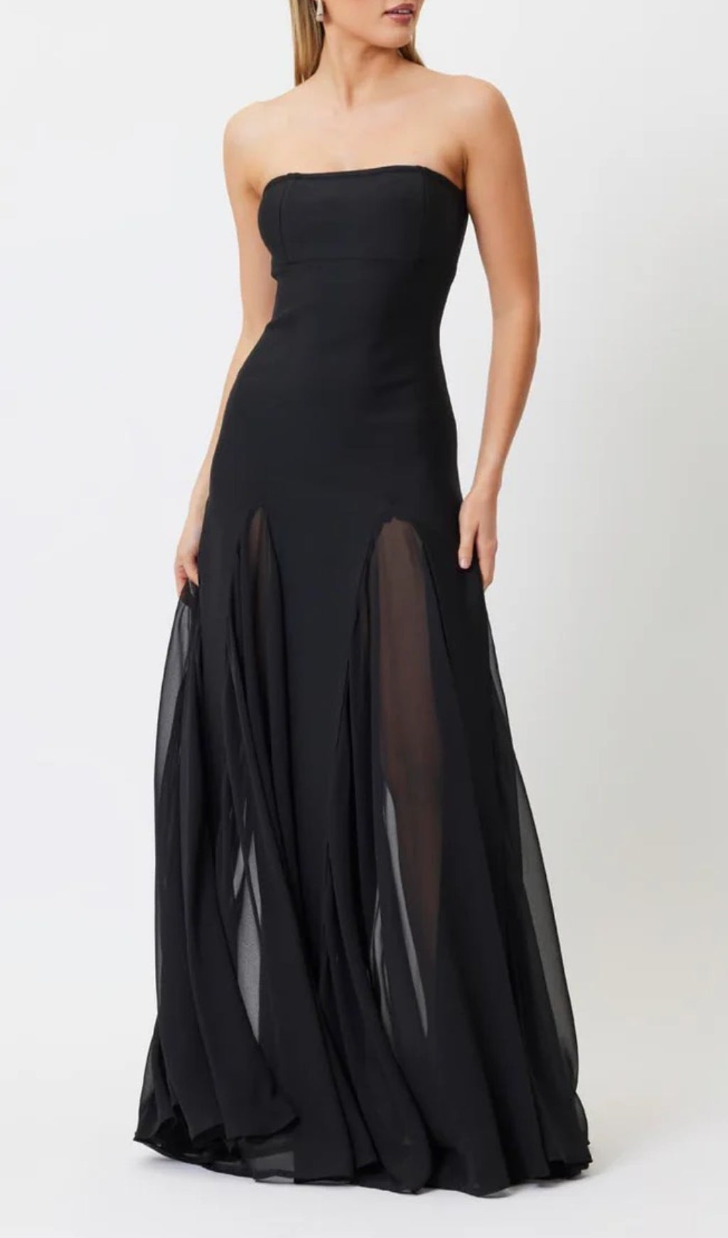 Strapless Mesh Insert A Line Maxi Dress Black Flowering Girl
