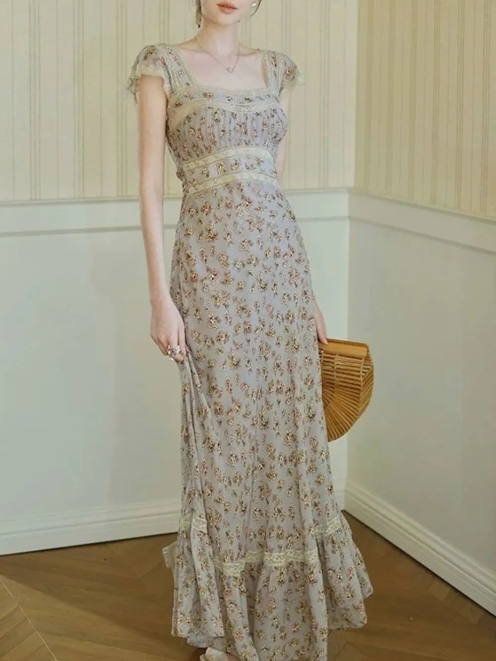 Micaela Blue Floral Lace Maxi Dress Flowering Girl