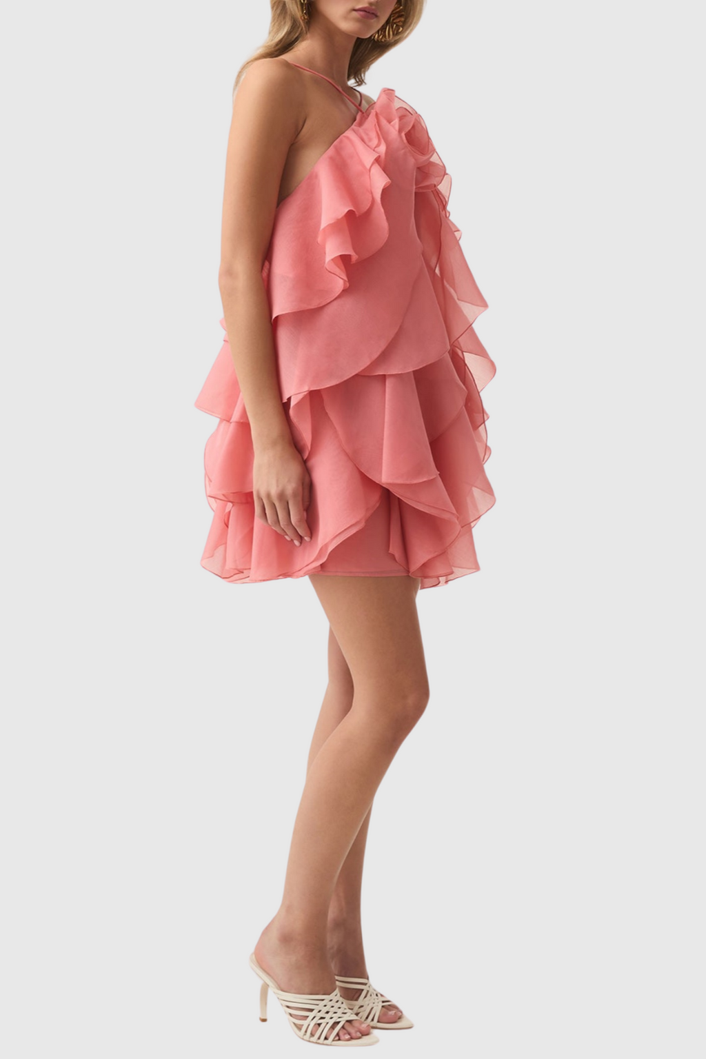 Lorraine Halter Floral Ruffle Layered Mini Dress In Orange Flowering Girl
