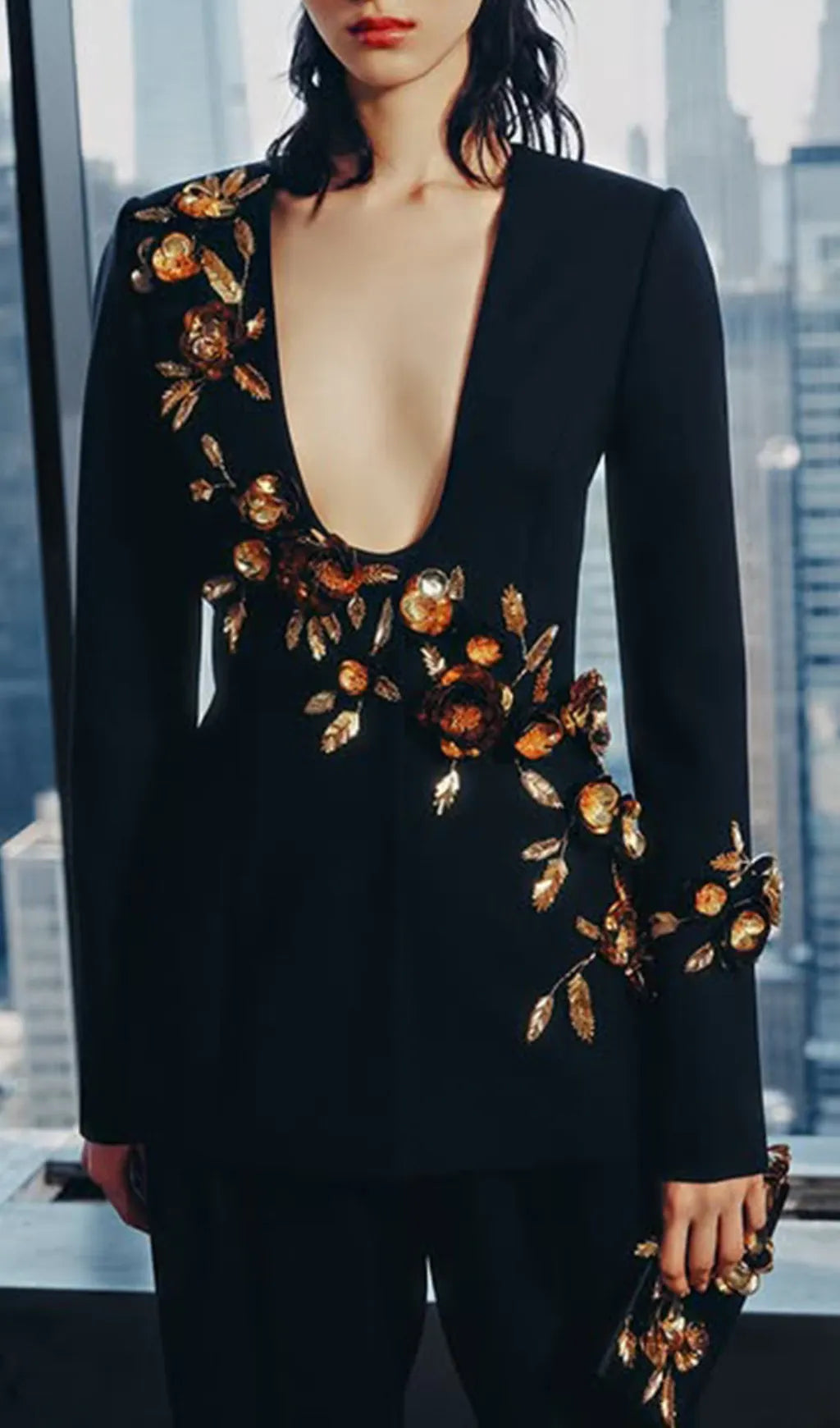 Gimbya Black Flower Embellished Blazer Flowering Girl