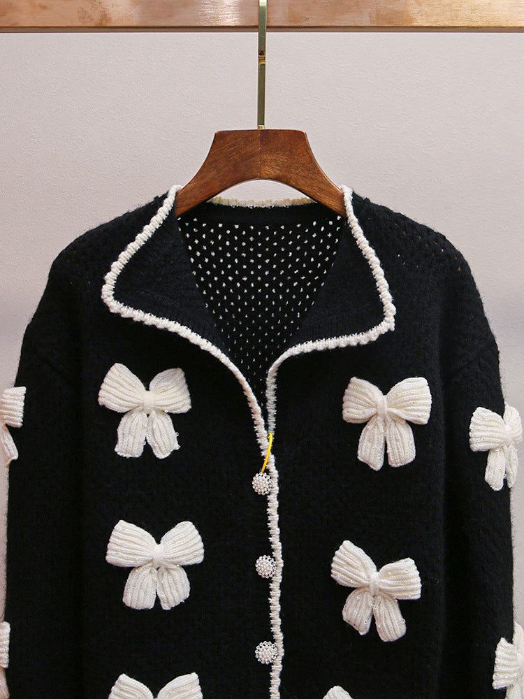 Black Medium-Weight Wool-Blend Knit Boxy, Straight Cardigan Flowering Girl