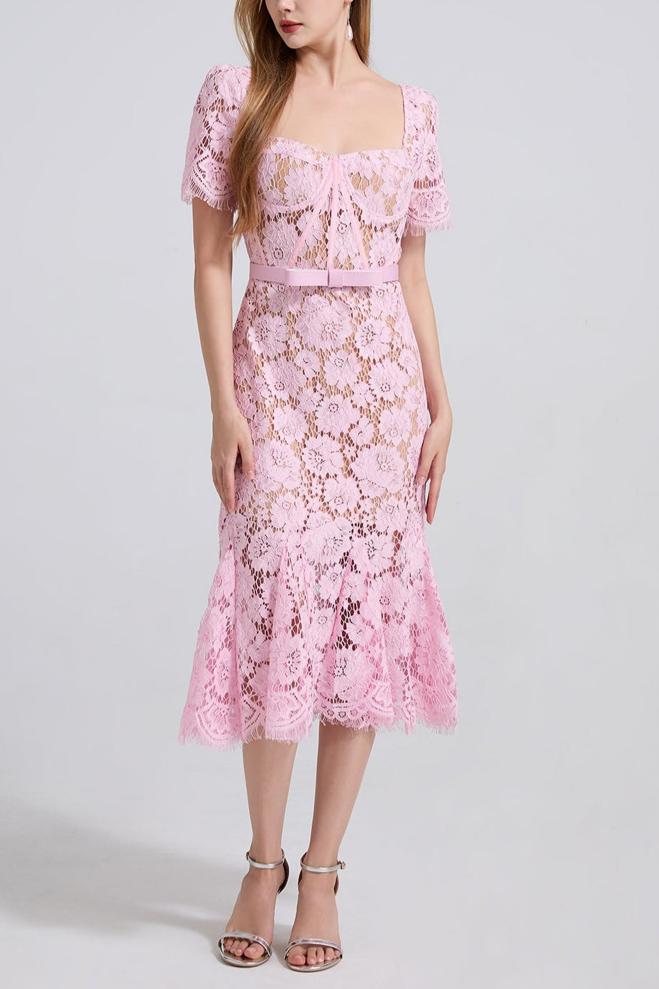 SQUARE NECK LACE MIDI DRESS IN PINK Flowering Girl