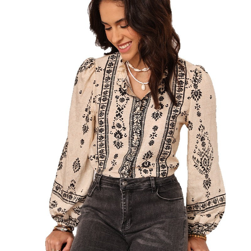 Bohemian Print Shir Stand-Up Collar Fungus Edge Flowering Girl