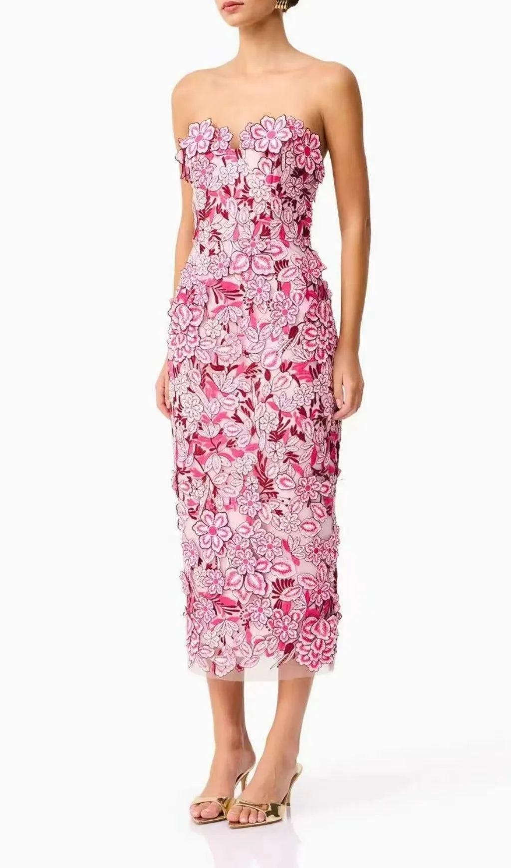 Larissa Pink Strapless Flower Embroidery Midi Dress Flowering Girl