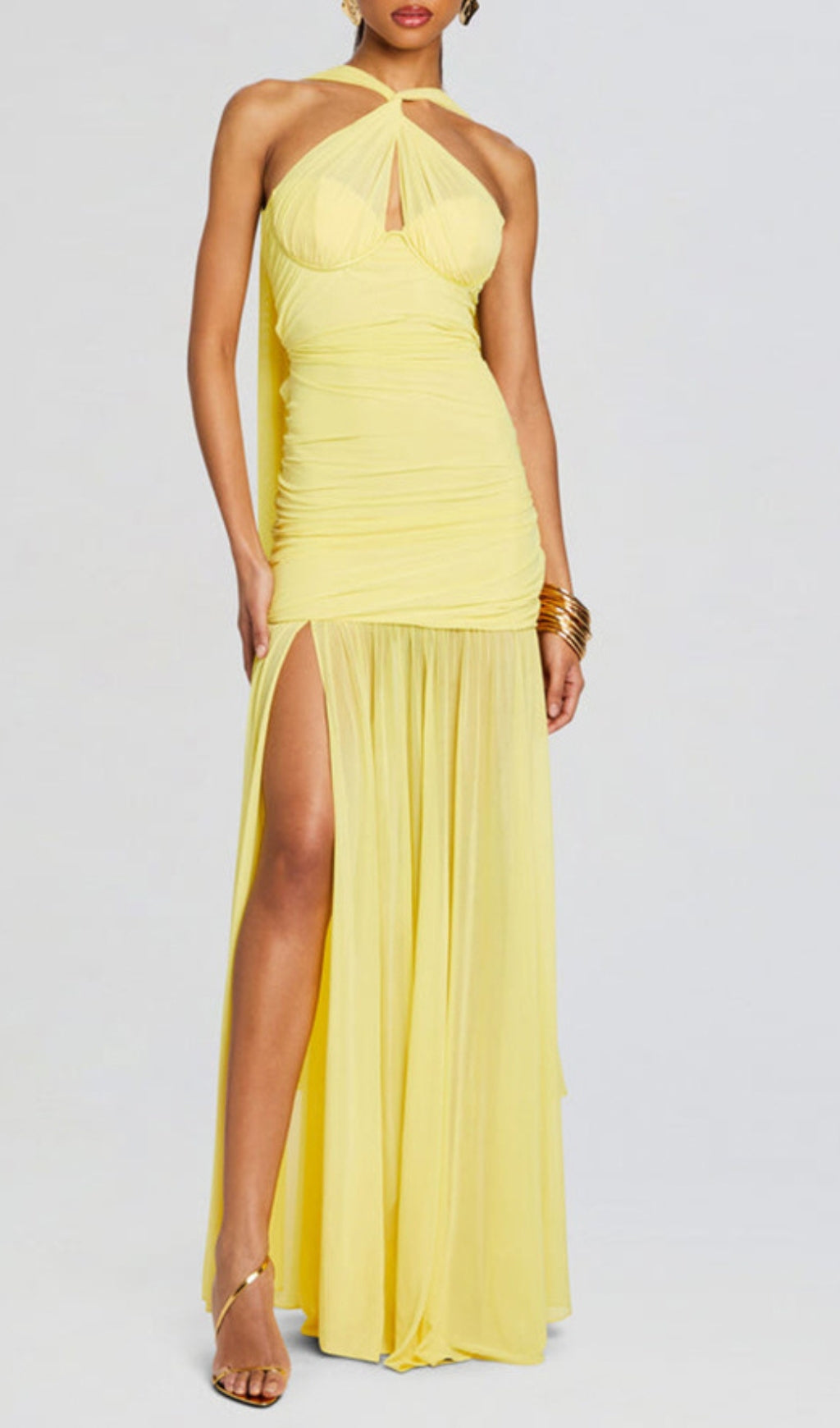 Bryony Yellow Halter Ruched Maxi Dress Flowering Girl