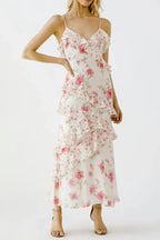 Floral Ruffle Tiered Maxi Dress - Pink & Ivory Flowering Girl