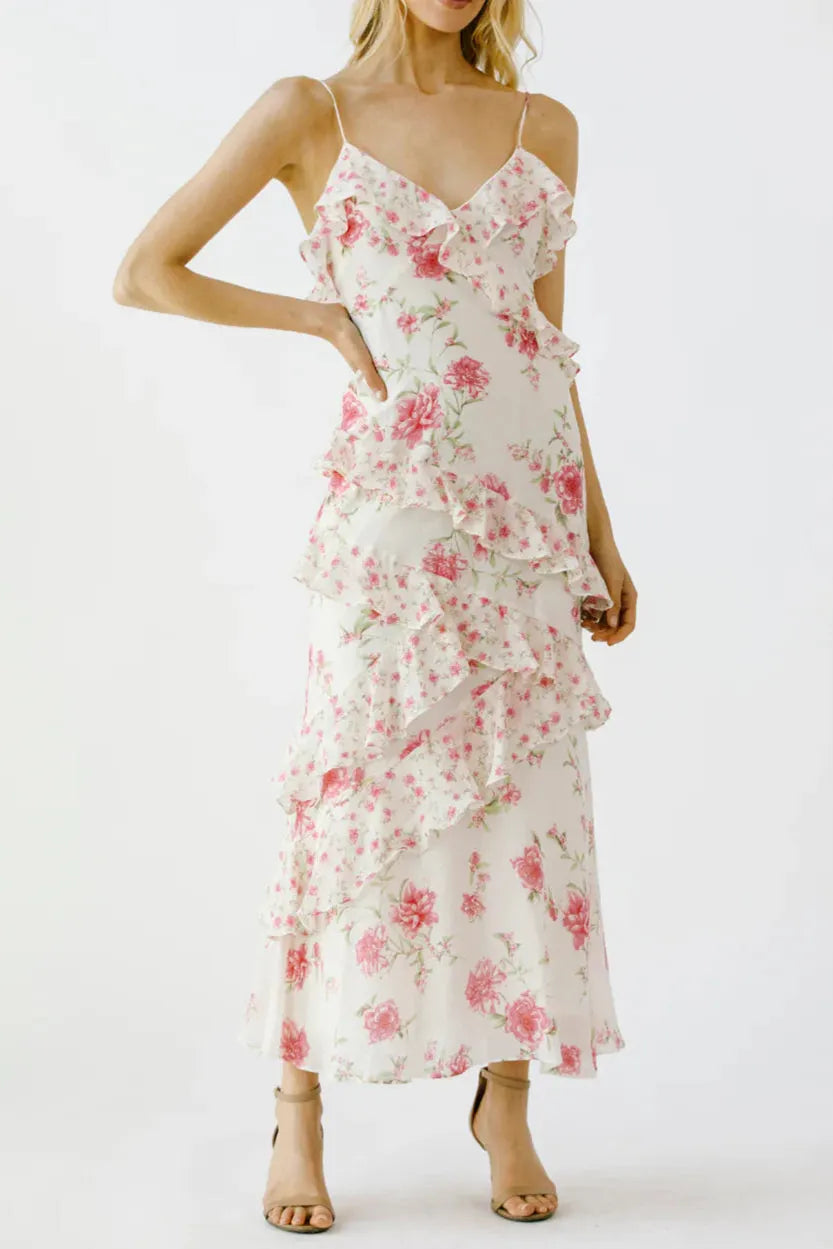 Floral Ruffle Tiered Maxi Dress - Pink & Ivory Flowering Girl