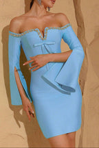 Cara Off-Shoulder Long-Sleeve Diamond Bodycon Mini Dress In Blue Flowering Girl