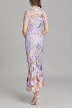 Floral Embroidery Mesh Fishtail Midi Dress In Purple Flowering Girl