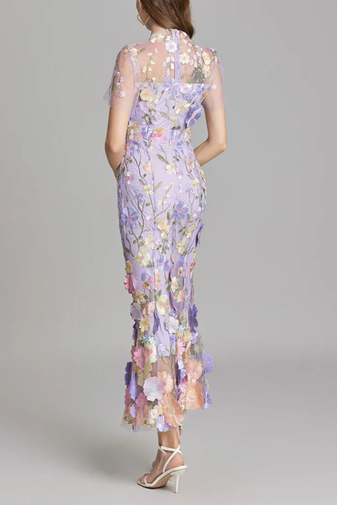 Floral Embroidery Mesh Fishtail Midi Dress In Purple Flowering Girl