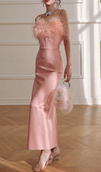 Ellette Peach Feather Maxi Dress Flowering Girl