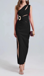 One-Shoulder Cutout Side Slit Maxi Dress In Black Flowering Girl