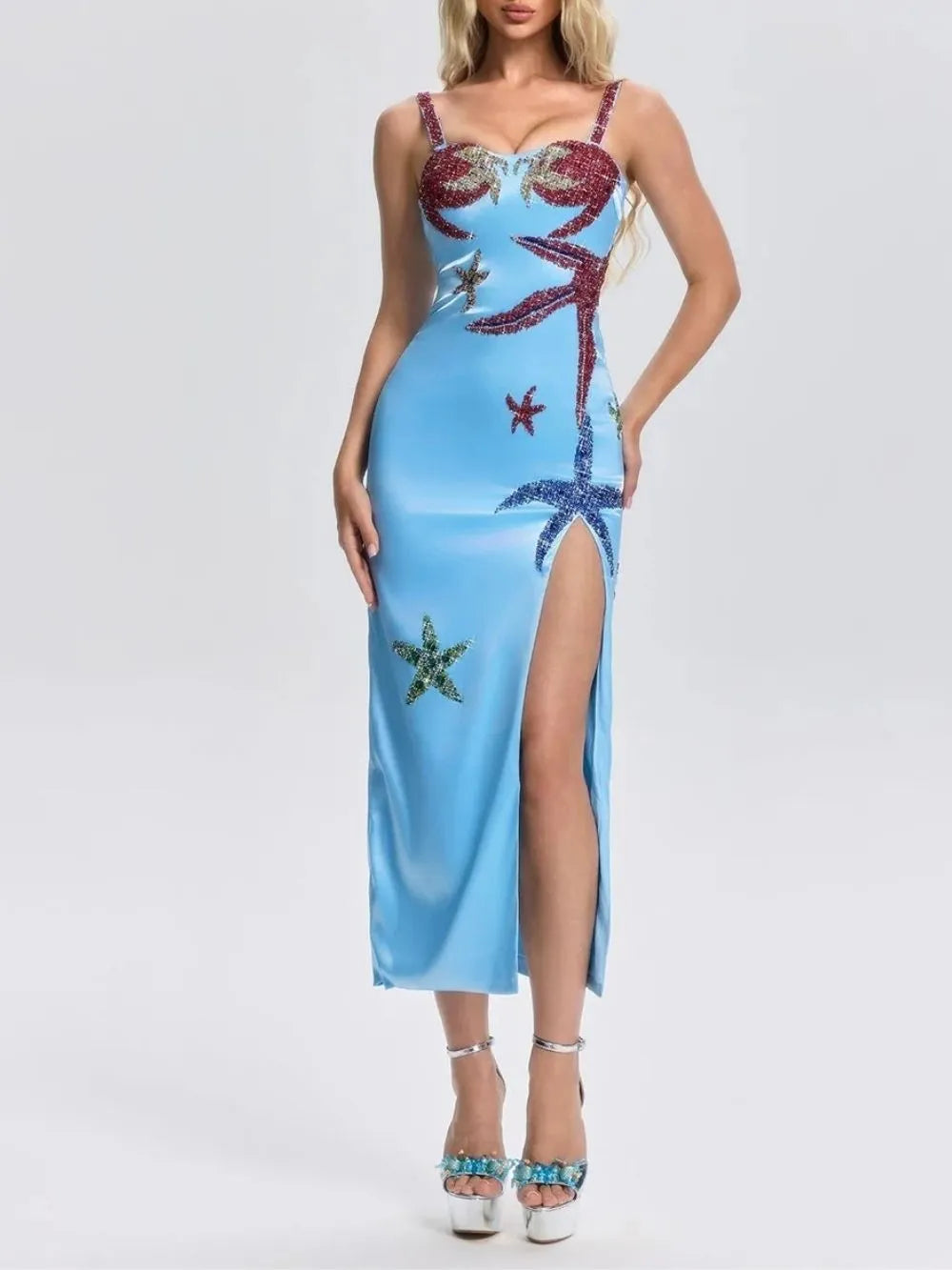 Grimricn Starfish Rhinestone Split Midi Dress Flowering Girl