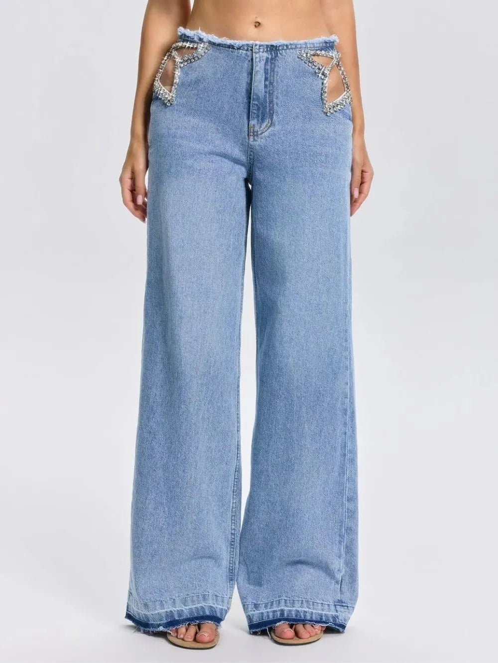 Florine Cutout Rhinestone Jeans Flowering Girl