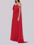 Grythalen Off Shoulder Flower Pleated Maxi Dress In Red Flowering Girl