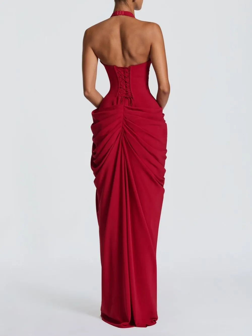 Maha Red Halter Corset Ruched Maxi Dress Flowering Girl