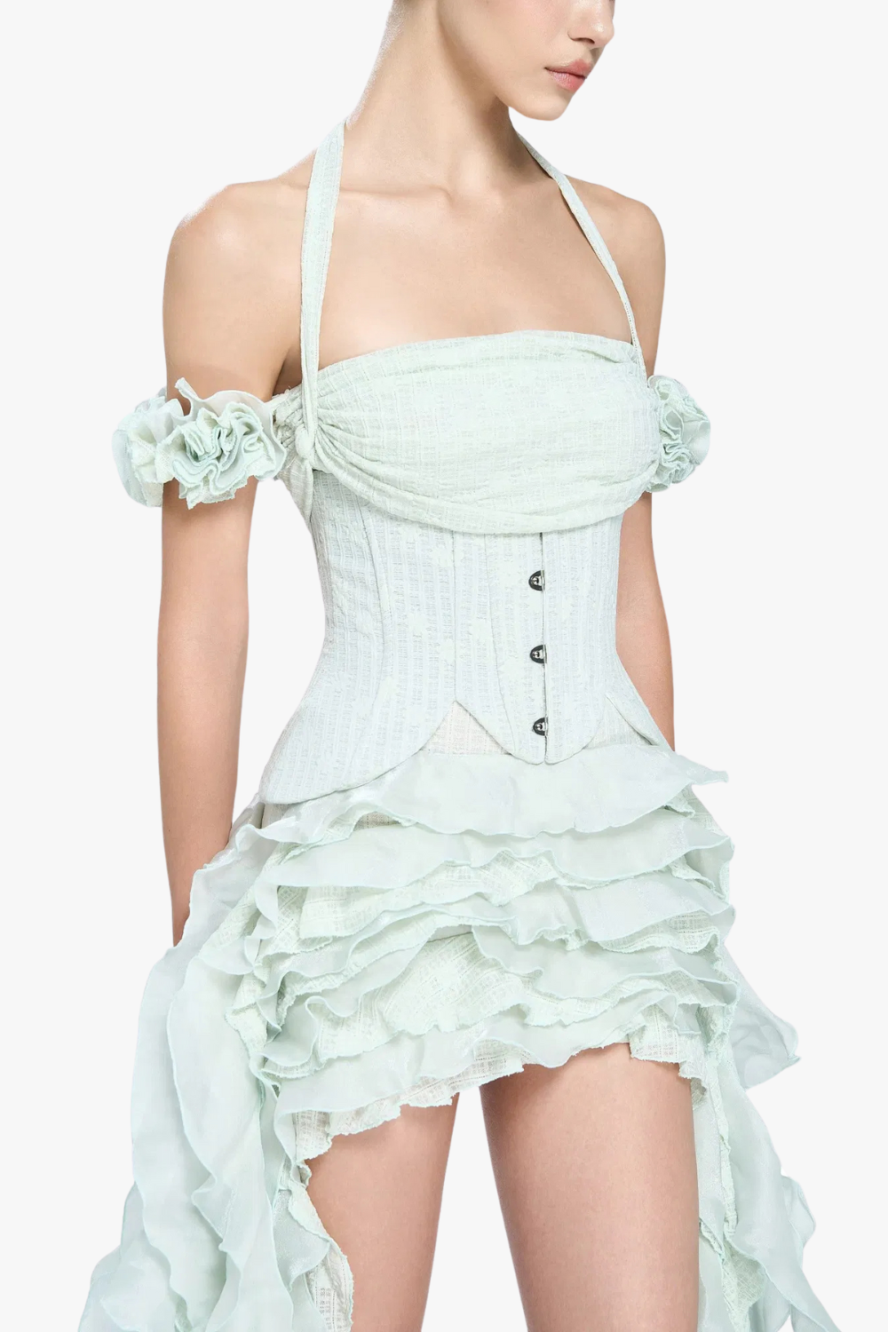 elva halter three-dimensional flower irregular tassel mini dress in mint Flowering Girl
