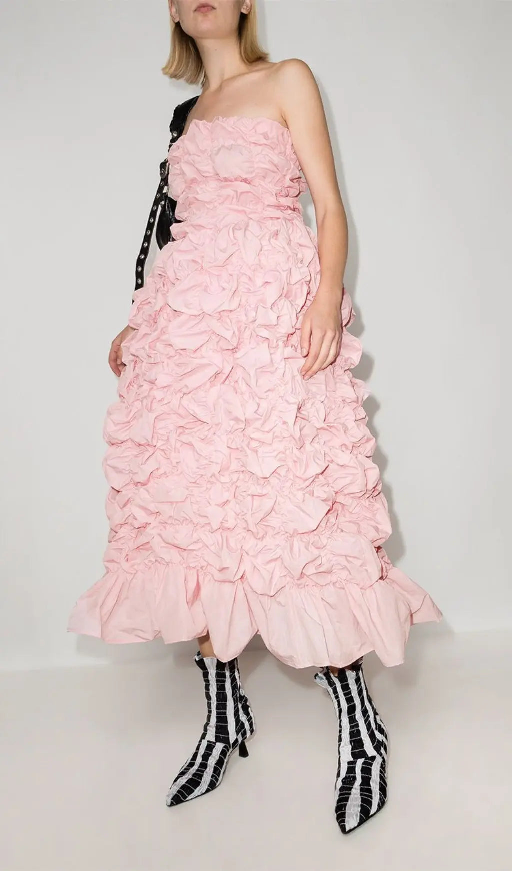Folding Ruffled Midi Dress In Pink Flowering Girl