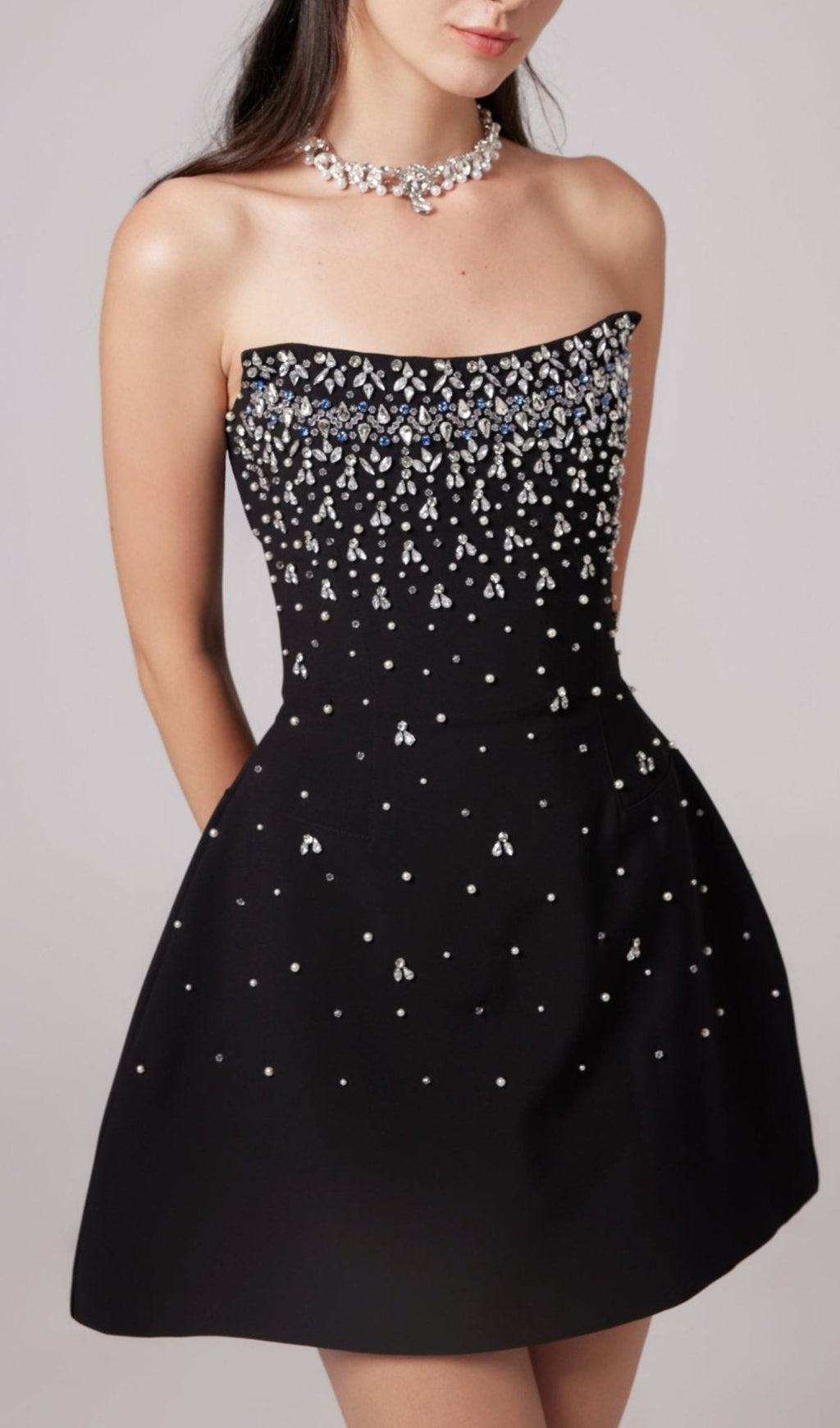 Crystal Beading Strapless Mini Dress In Black