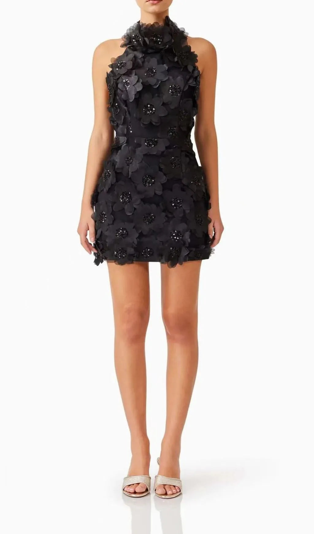Pavryn Black Halterneck Sequin Flower Mini Dress Flowering Girl