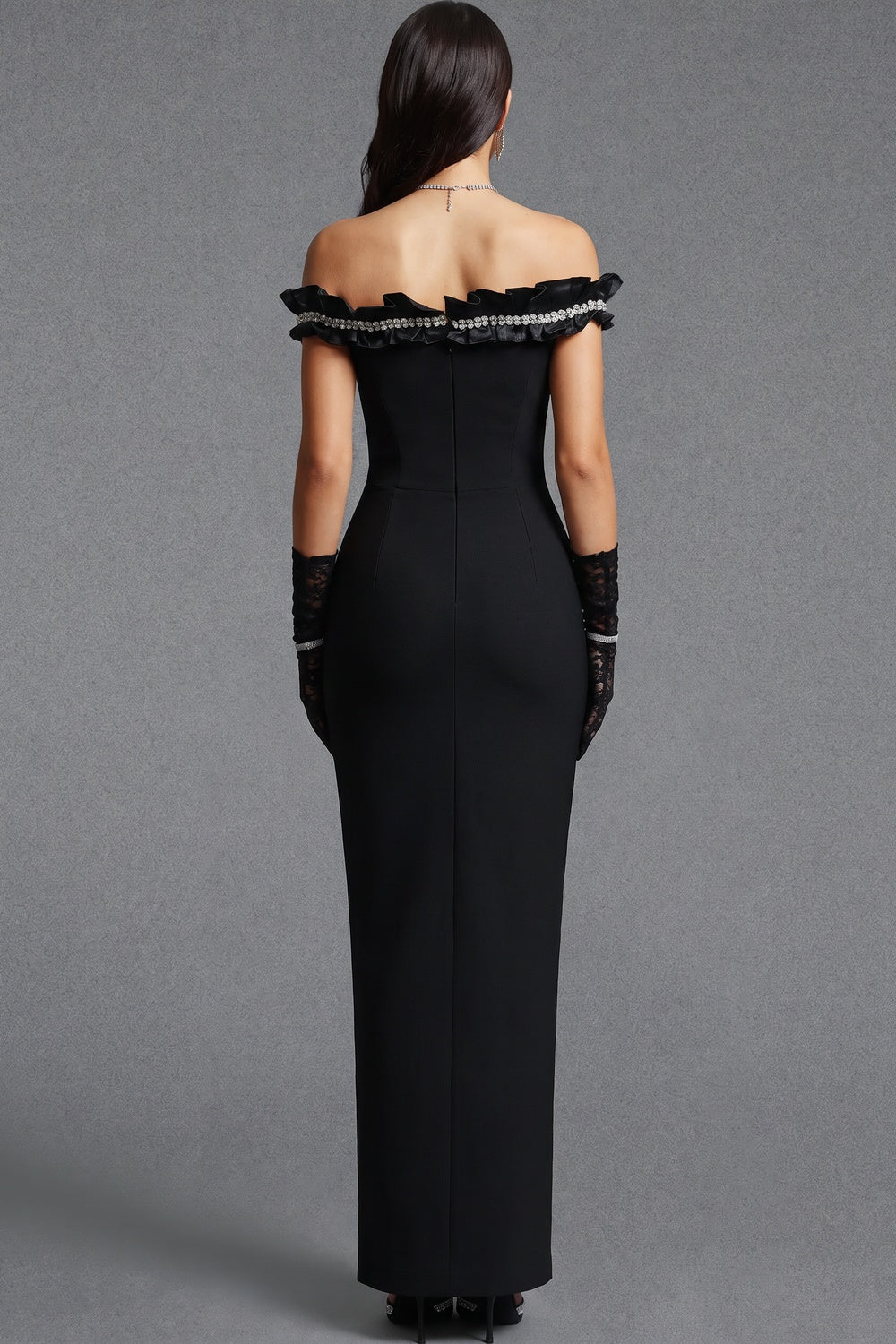 Black Structured Crepe Column Gown with Rhinestone Ruffle Flowering Girl