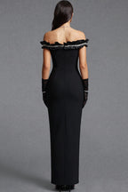 Black Structured Crepe Column Gown with Rhinestone Ruffle Flowering Girl