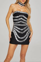 Zenobia Crystal Embellished Strapless Mini Dress In Black Flowering Girl