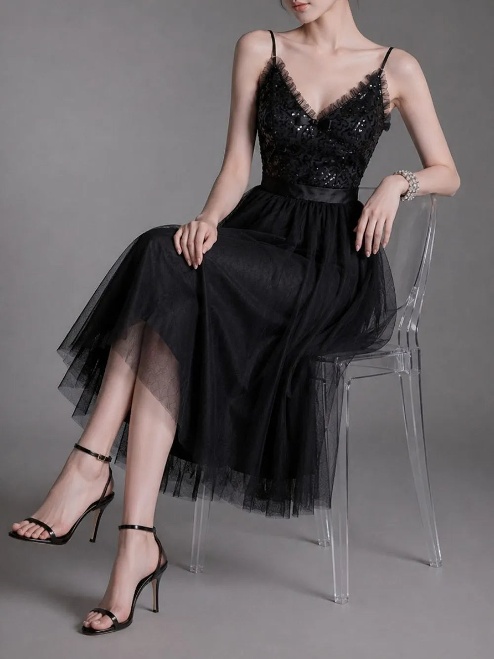 Maureen Black Spaghetti Mesh Midi Dress Flowering Girl