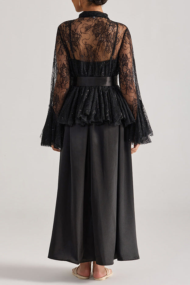 Tiffany Black Lace Bell-Sleeve Ruffle Embroidered Top Maxi Dress Set Flowering Girl