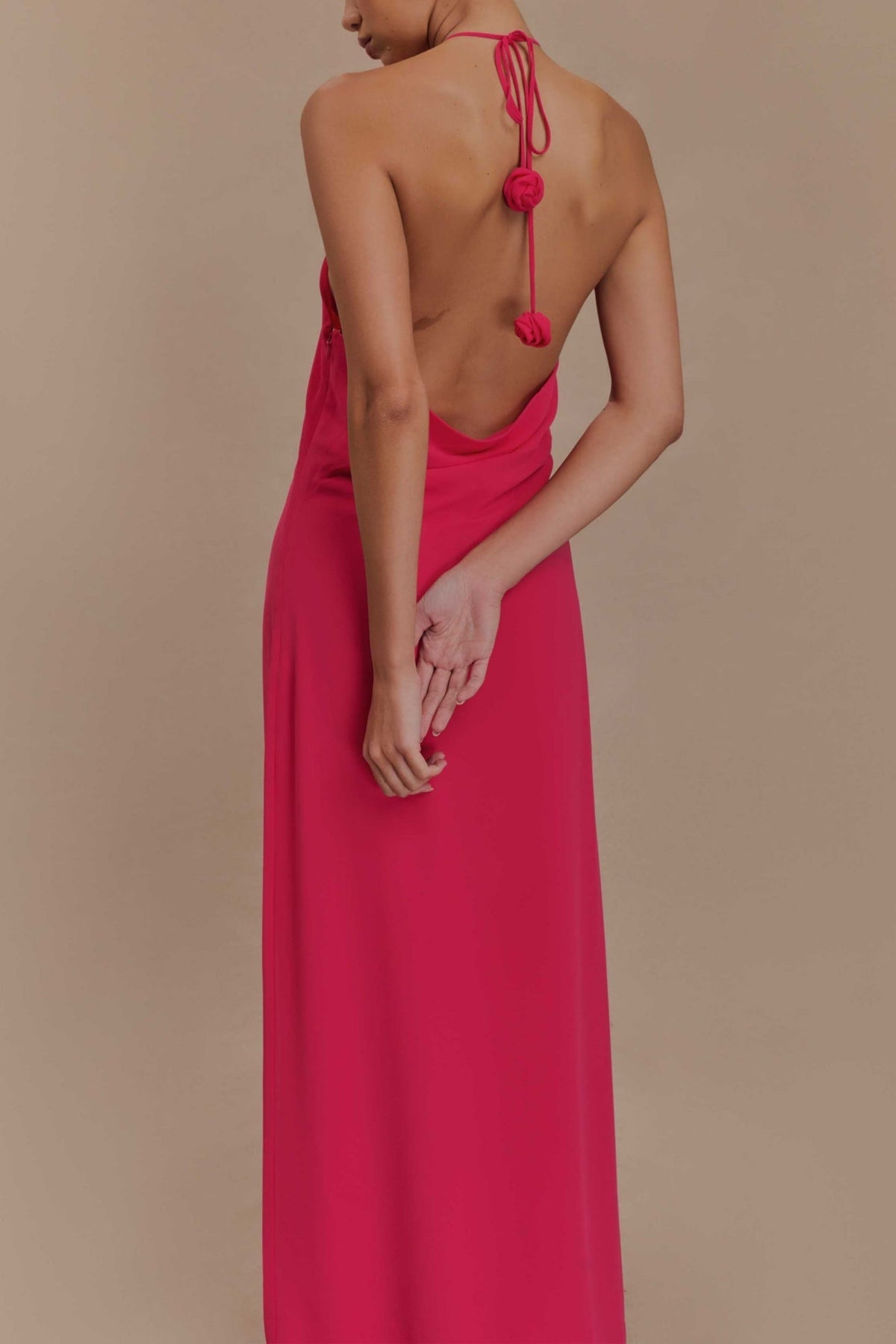 Floral halterneck high collar maxi dress in Rose Pink Flowering Girl