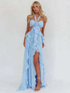 Blue Ruffle Strapless Long Chiffon Dress Flowering Girl