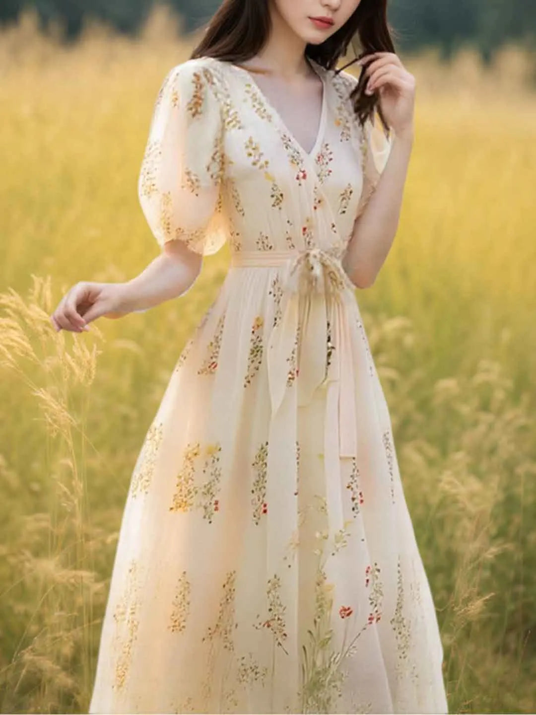 Roxanne Vacation V-Neck Puff Sleeve Floral Dress Flowering Girl