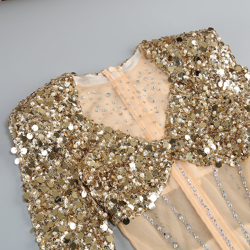 Sequin Long Sleeve Maxi Dress In Gold Flowering Girl
