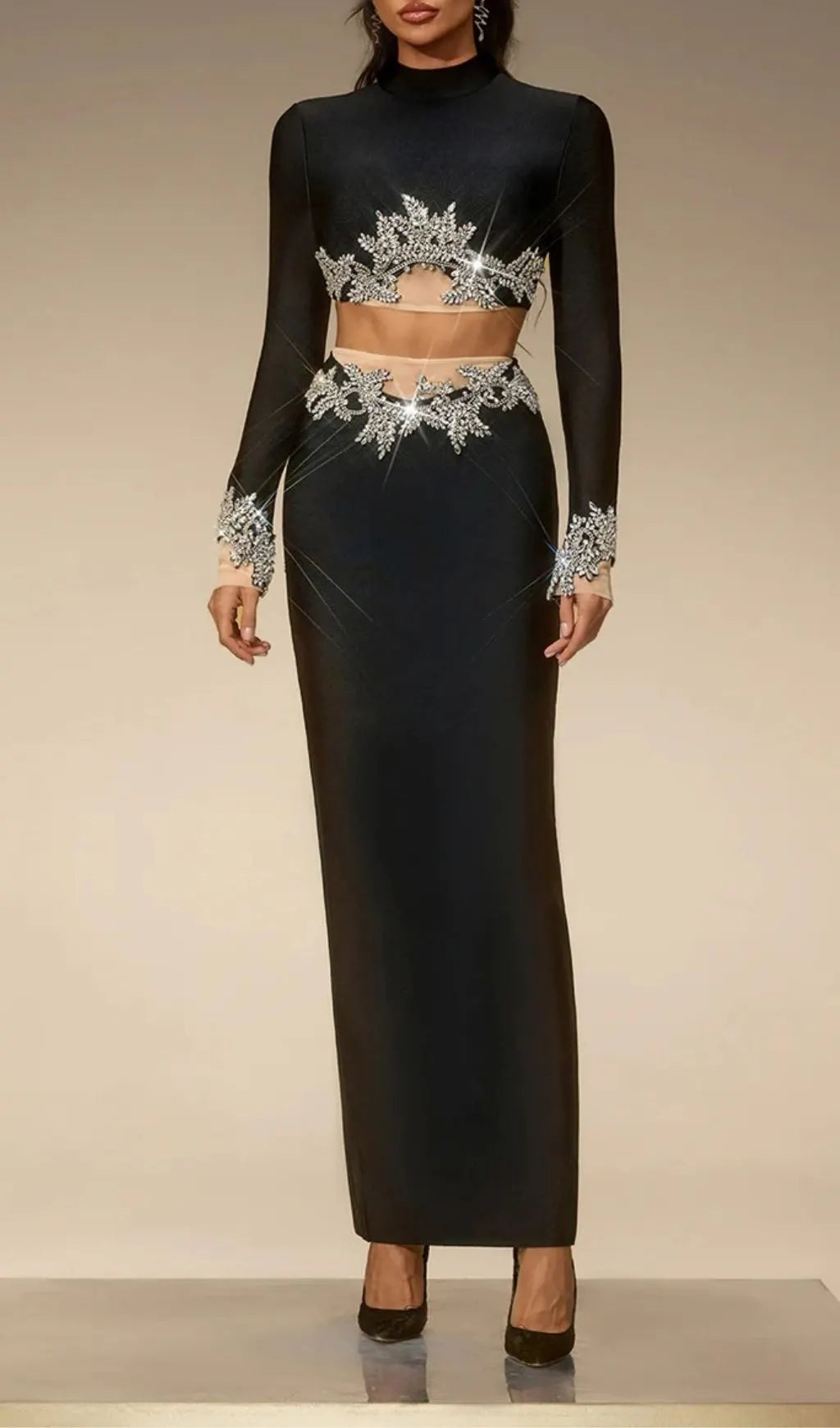 Selis Long Sleeve Rhinestone Bandage Skirt Set Flowering Girl