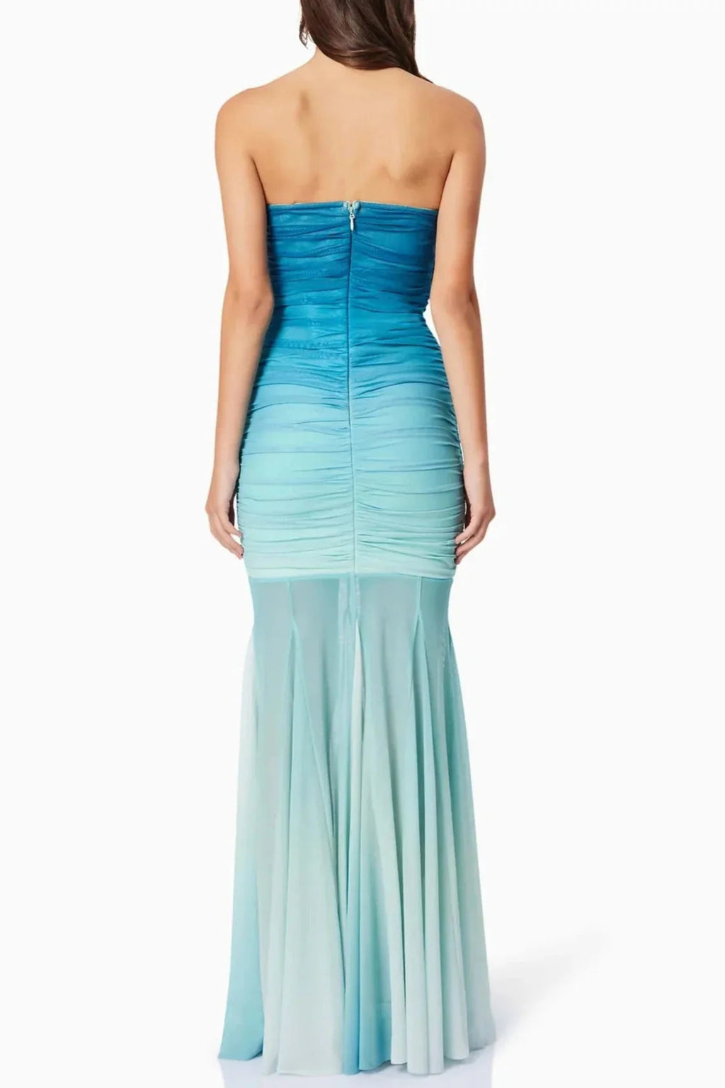 Gradient Mesh Splicing Bodycon Strapless Maxi Dress In Blue Flowering Girl