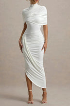 Asymmetric Cape Ruched Midi Dress - White Flowering Girl
