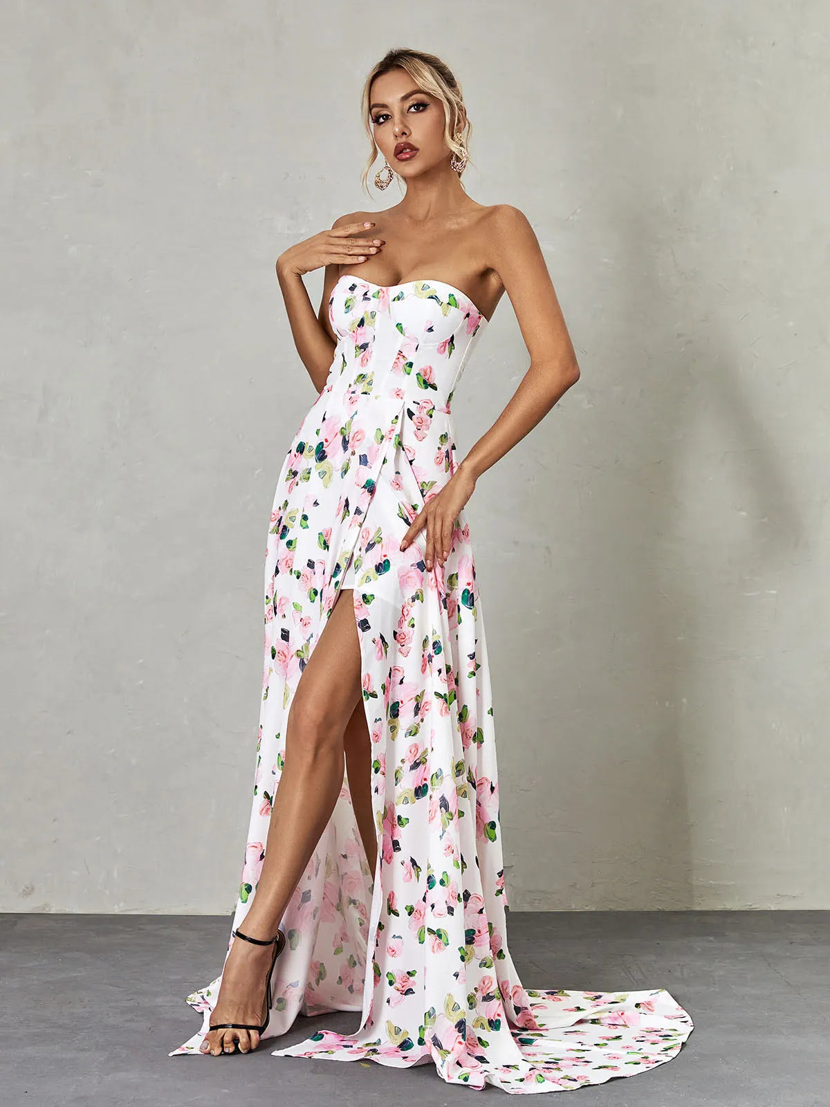 Strapless Floral Split Maxi Dress Flowering Girl