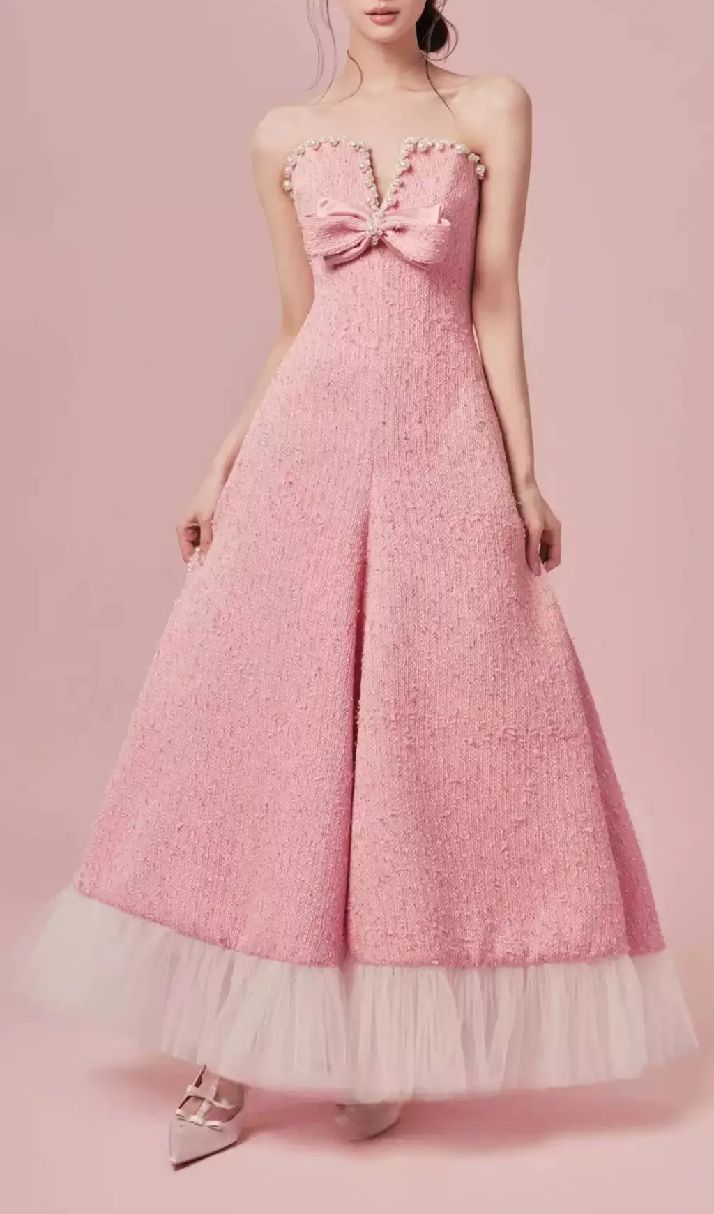 Gaphna Pink Beaded Bow Maxi Dress Flowering Girl