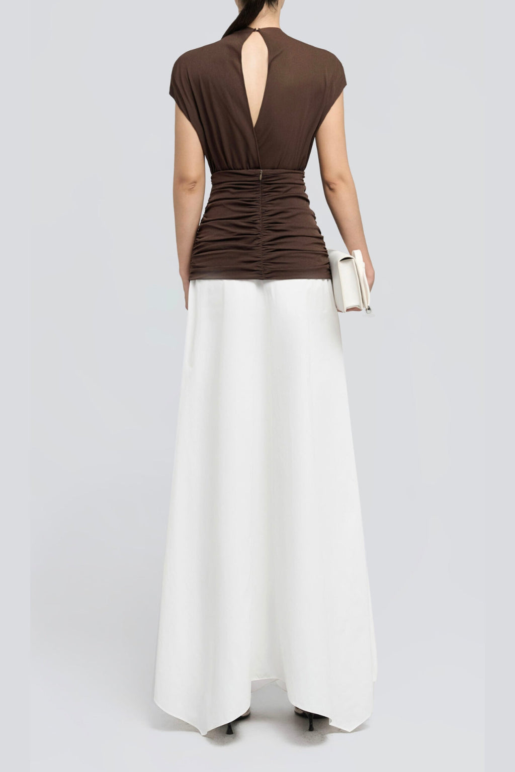 Brown Waist Cross Pleats Midi Dress With Asymmetric Hemline Flowering Girl