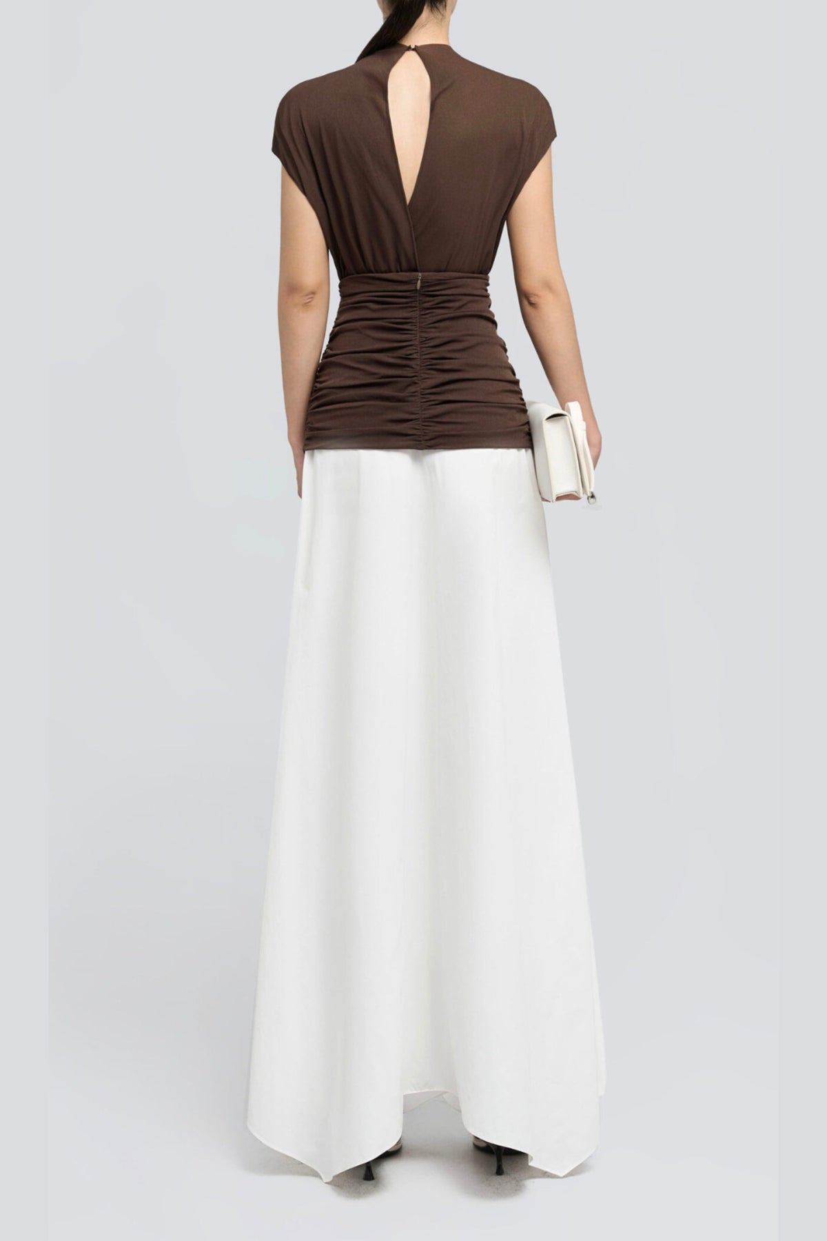 Brown Waist Cross Pleats Midi Dress With Asymmetric Hemline Flowering Girl