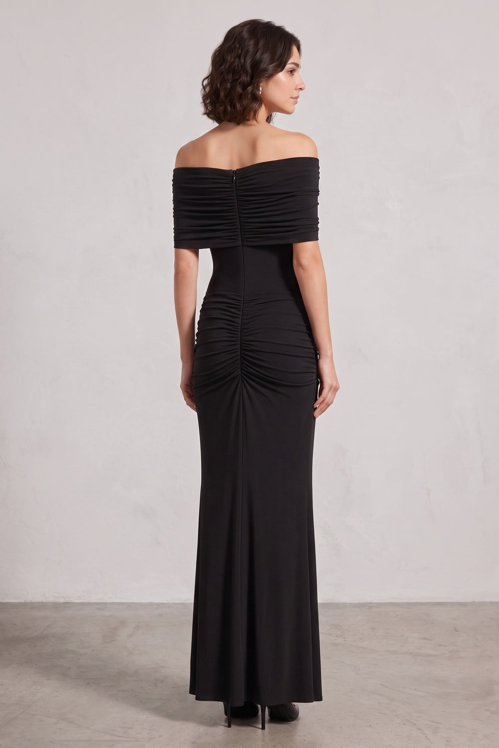 Off‑Shoulder Ruched Black Maxi Evening Gown Flowering Girl