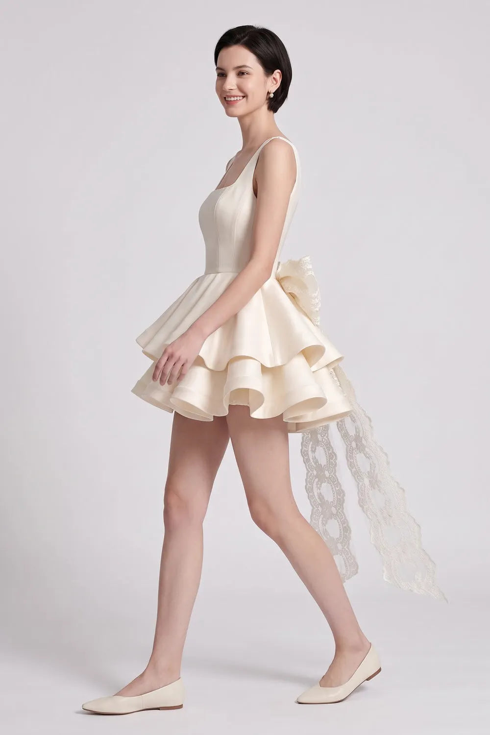 Cream Structured Satin Fit-and-Flare Mini Dress with Tiered Ruffles and Back Bow Flowering Girl